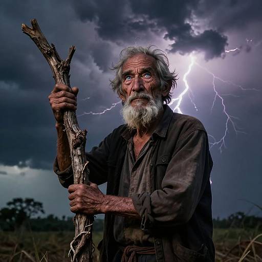 Photograph of a rugged, gray-bearded old man holding a wooden staff, set against a dramatic stormy sky with bright lightning.