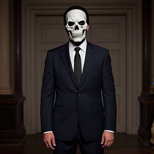 Photograph of a man in a black suit and tie, wearing a white skull mask with a grinning expression, standing in front of a dark,