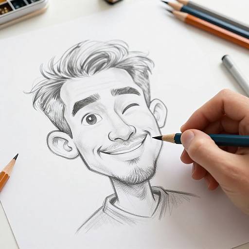 Hand-drawn, black-and-white sketch of a smiling man with short, tousled hair, one eye closed, being inked with a pen.