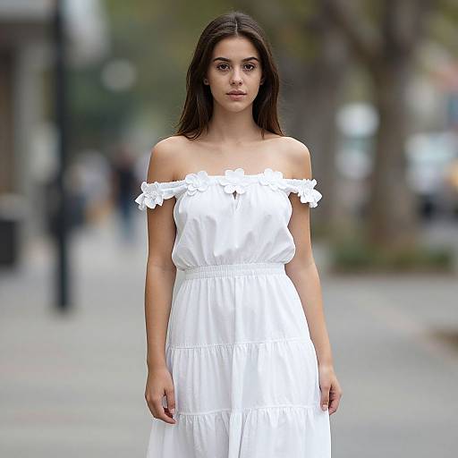 Photograph of a young woman with long dark hair, wearing an off-shoulder white dress with floral detailing, standing on a blurred urban street.
