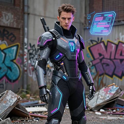 Photorealistic CGI of a muscular, brown-haired man in futuristic black armor with neon lights, standing in a graffiti-covered, ruined urban alley.