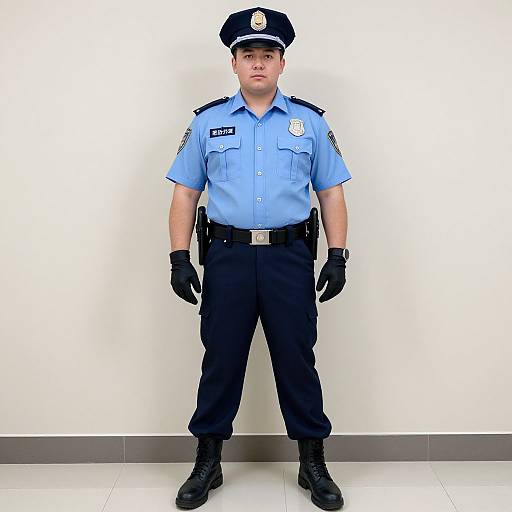 Photograph of a Caucasian male police officer standing against a white wall, wearing a light blue shirt, black pants, gloves, and cap.