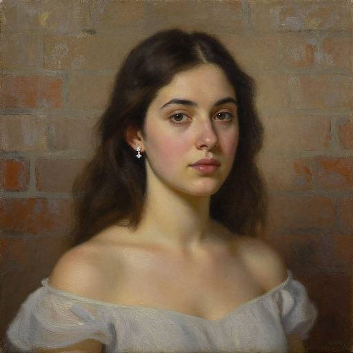 Photorealistic painting of a young woman with fair skin, dark brown hair, and brown eyes, wearing an off-shoulder white blouse, against