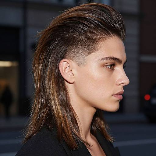 Photograph of a young woman with sleek, asymmetrical brown hair, side profile, urban background, illuminated by streetlight, wearing a black top.