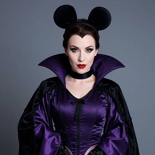 Photograph of pale-skinned woman with black hair in double bun, wearing dark purple satin corset with high collar, black choker, and dramatic