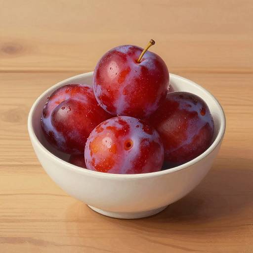 Photograph of a white ceramic bowl filled with four shiny, red plums with purple streaks, sitting on a light wooden surface.