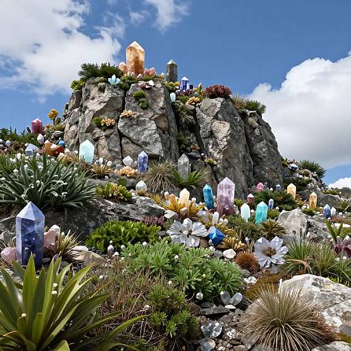 Mountain with Colorful Crystals and Lush Vegetation