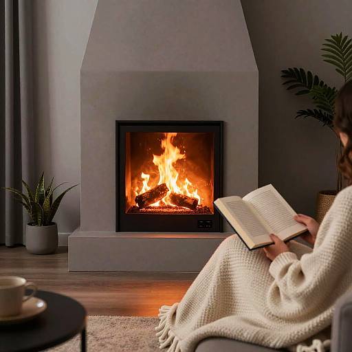 Photograph of a cozy living room with a lit fireplace, person in cream knit sweater reading a book, potted plant, and cup.