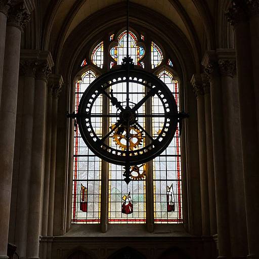 Photograph of a Gothic-style stained glass window featuring a large, black, ornate clock face superimposed on intricate, colorful panes.