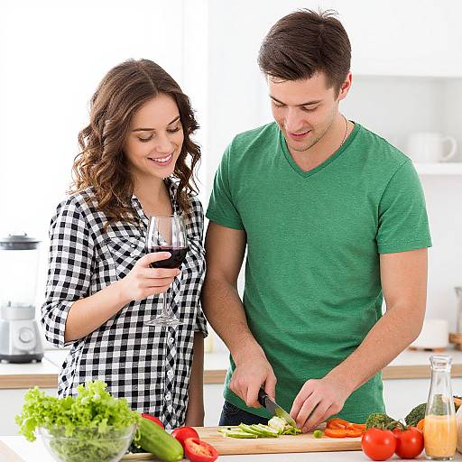 Photograph of a smiling couple in a bright kitchen; she holds a glass of red wine, he chops vegetables on a wooden board with colorful produce around