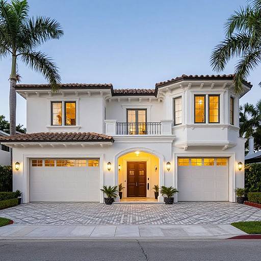 Photograph of a two-story white Mediterranean-style house with red-tiled roof, double garage, arched front door, warm yellow-lit windows,