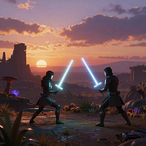 Digital artwork of two silhouetted Jedi duel with glowing blue lightsabers at sunset, ruins and alien plants in background.
