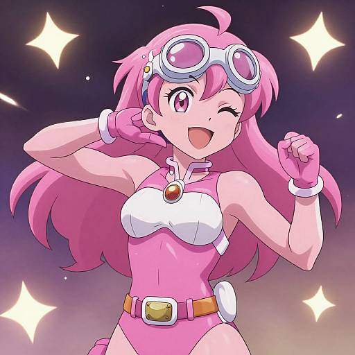 Digital anime-style drawing of a pink-haired girl with goggles, winking, wearing a pink bodysuit with white accents, and gloves, set against