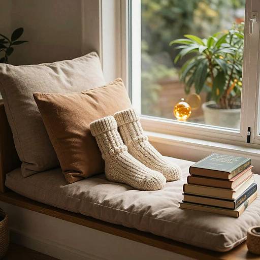 Sunlit window seat with beige cushions, brown pillow, knitted white booties, stacked books, potted plant, and glowing orb. Cozy