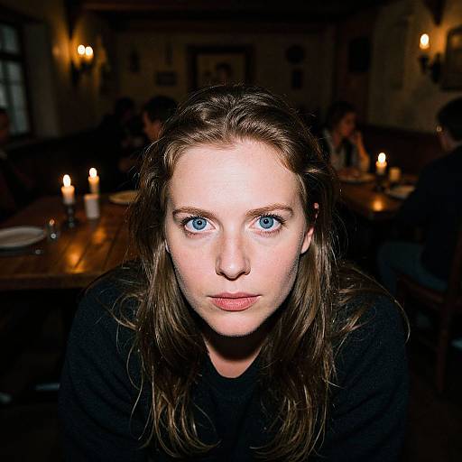 Photograph of a young woman with bright blue eyes and light skin, brown hair, wearing a black top, in a dimly lit restaurant with candle