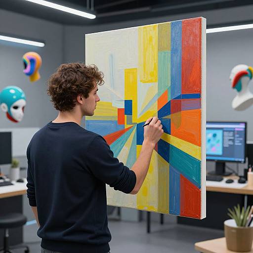 Photograph of a young man with curly brown hair, wearing a black sweater, painting a vibrant abstract canvas with bold geometric shapes in a modern, lit