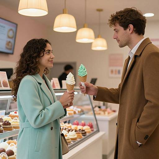 Photograph of a curly-haired woman in a light blue coat and a brown-haired man in a brown coat exchanging a green-swirled ice cream cone