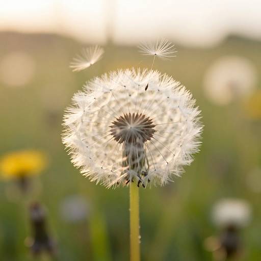 Close-up photograph of a glowing white dandelion puff against a softly blurred green meadow, with out-of-focus yellow and white flowers in the background