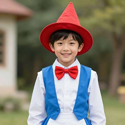 Photograph of a young Asian boy with black hair, smiling, wearing a red cone hat, blue vest, white shirt, and red bow tie,