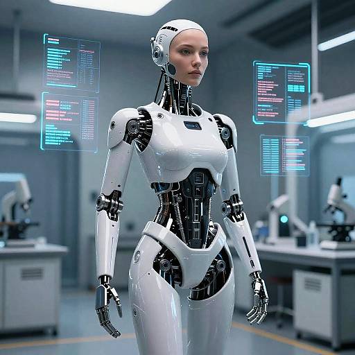 CGI image of a sleek, white, female humanoid robot with glowing blue interface screens in a modern laboratory setting.