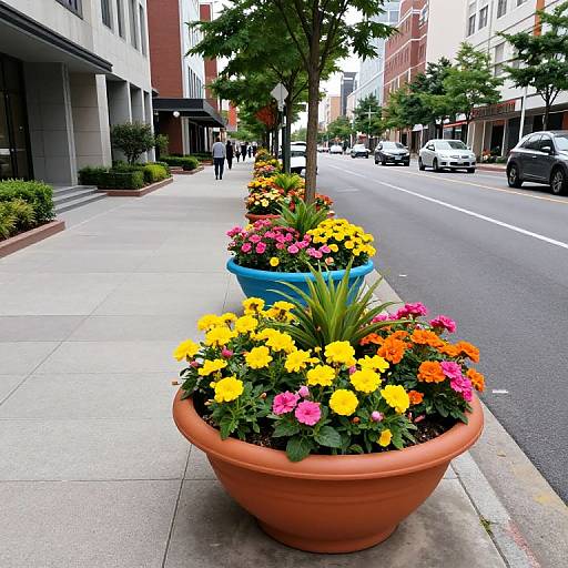 Photograph of vibrant potted flowers in orange and yellow hues, lined along a city sidewalk with buildings, trees, and parked cars.