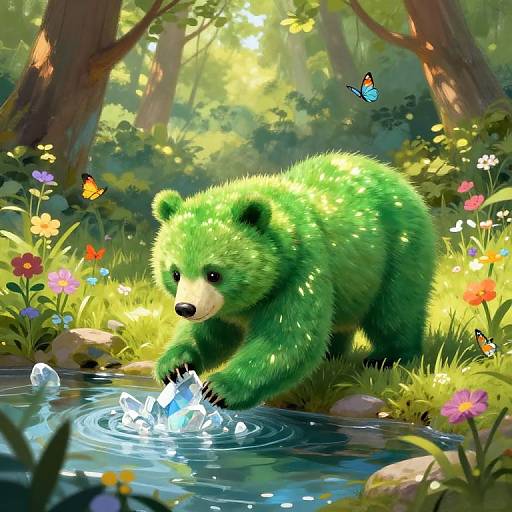 Digital illustration of a fluffy green bear cub splashing in a sunlit forest stream, surrounded by colorful flowers, butterflies, and trees.