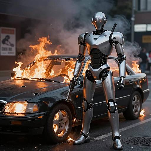 Futuristic Robot in Urban Fire Scene