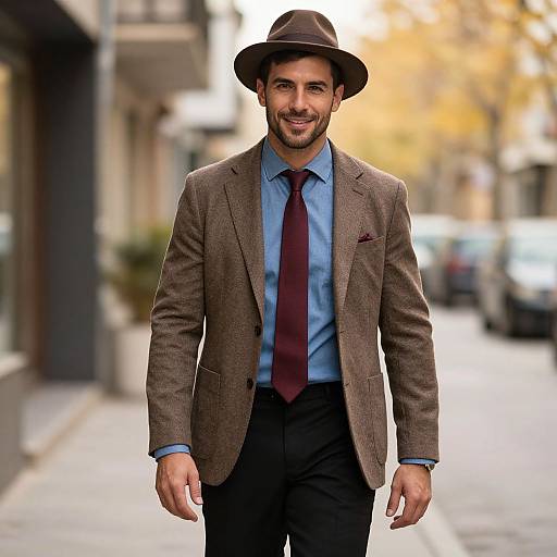 Photograph of a handsome man with light skin and brown hair, wearing a brown fedora, brown tweed blazer, blue shirt, maroon