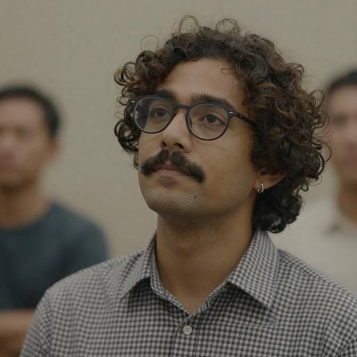 Contemplative Young Man with Curly Hair and Glasses