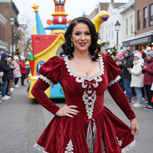 Photograph of a smiling woman with dark curly hair in a red velvet Renaissance-style dress with white lace, standing in a festive street parade with a colorful