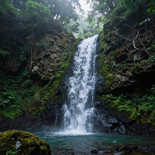 Photograph of a lush, forested waterfall cascading down dark, moss-covered rocky cliffs into a clear, turquoise pool. Mist rises from the base