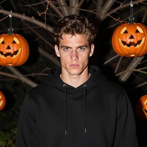 Young Man with Halloween Jack-o'-Lanterns