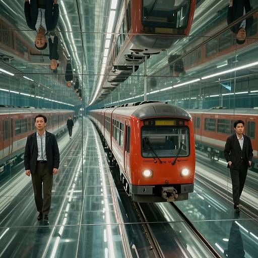 Photograph of a modern, glass-walled subway tunnel with a red train, two businessmen in suits walking on either side.