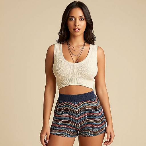 Photograph of a young woman with medium brown skin and black wavy hair, wearing a white crop top and striped high-waisted shorts, standing