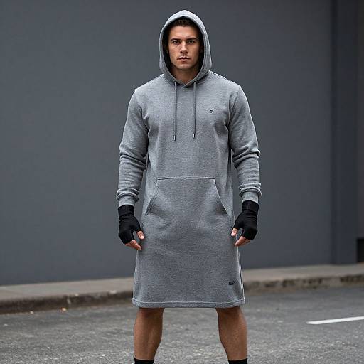 Photograph of a serious-looking, muscular man in a gray hooded sweatshirt, black gloves, and black shorts, standing on an urban street.