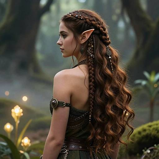 Photorealistic digital art of a young, elf-like woman with long, wavy brown hair, pointed ears, intricate braids, and dark,