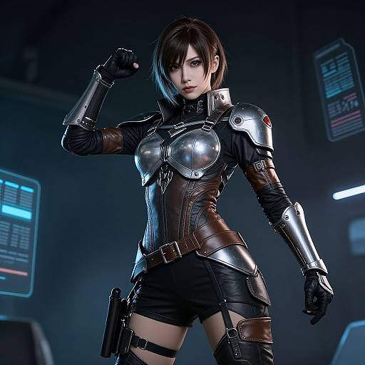 CGI image of a fierce, dark-haired woman in futuristic black and silver armor, standing confidently in a high-tech, dimly lit room.