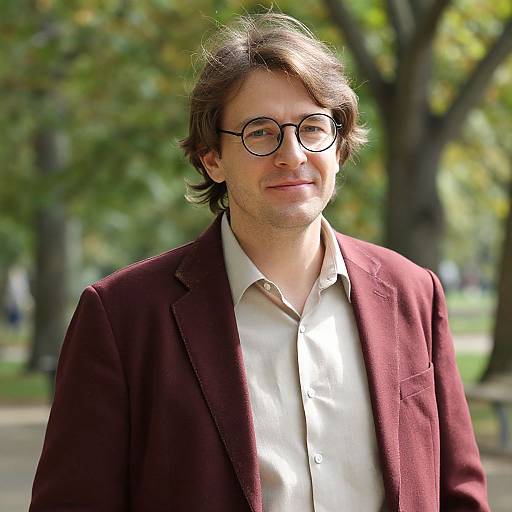 Photograph of a middle-aged man with brown hair, glasses, wearing a maroon blazer and white shirt, standing in a sunlit park with