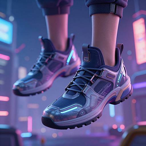 Photorealistic CGI of futuristic, neon-lit sneakers with black and silver accents, floating in a vibrant, cyberpunk cityscape at night.