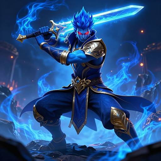 Digital artwork of a blue-skinned, muscular warrior with glowing red eyes, wielding a glowing blue sword, surrounded by blue flames in a dark, futuristic