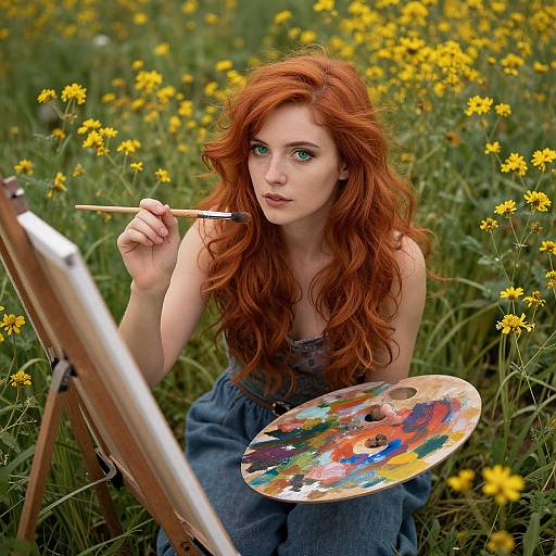 Photograph of a red-haired woman painting in a field of yellow flowers, holding a brush and palette, wearing a denim dress.