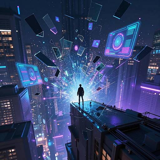 Digital art: Silhouetted figure on rooftop, surrounded by glowing, floating neon screens in a futuristic, neon-lit cityscape at night.