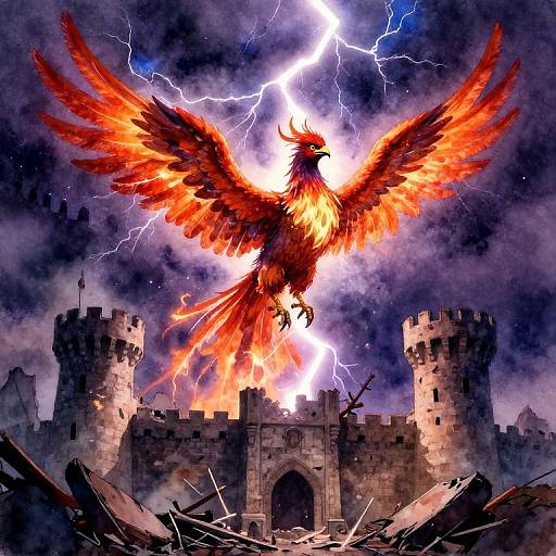 Phoenix Rising Over Ruined Fortress