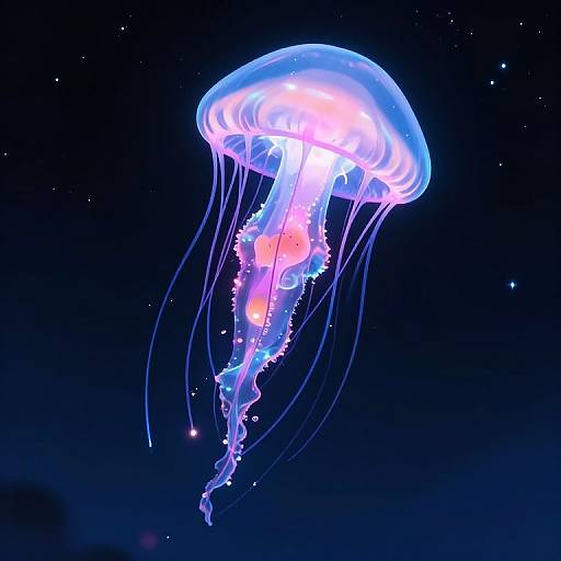 Photograph of a glowing blue and pink jellyfish with translucent, flowing tentacles against a dark, star-filled night sky.