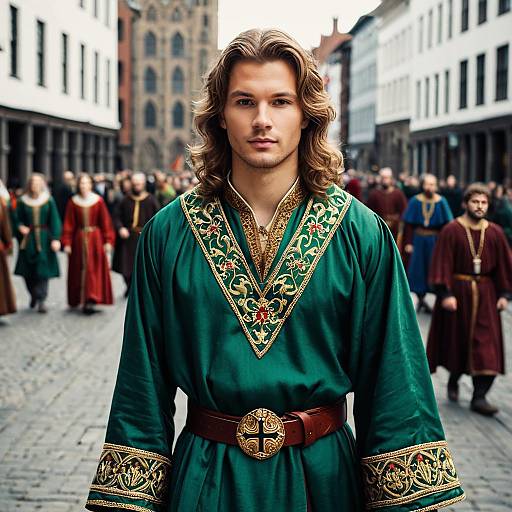 Young Man in Medieval Green and Gold Robe Outdoors