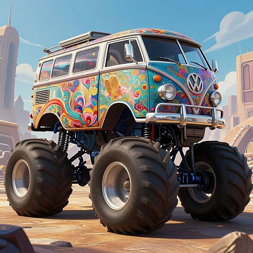 Vibrant, psychedelic-painted, oversized VW van monster truck with massive tires, chrome grille, and colorful floral patterns, driving through a sunny,