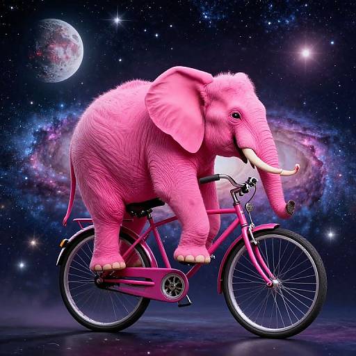 Photorealistic CGI of a pink, fluffy elephant riding a pink bicycle against a starry galaxy backdrop with a full moon.