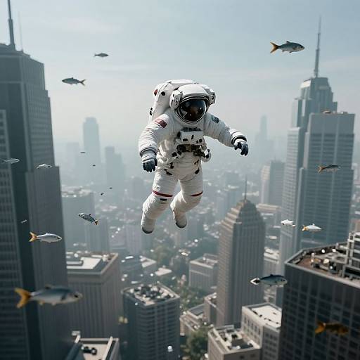 Photorealistic digital image of an astronaut in a white spacesuit with an American flag patch, floating above a bustling cityscape with tall skyscrapers