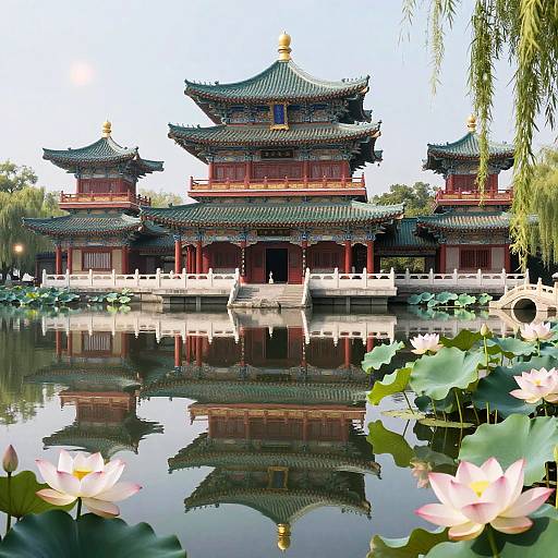 Photograph of a traditional Chinese temple with intricate roof details, reflected in a calm pond surrounded by lily pads and blooming lotus flowers, under