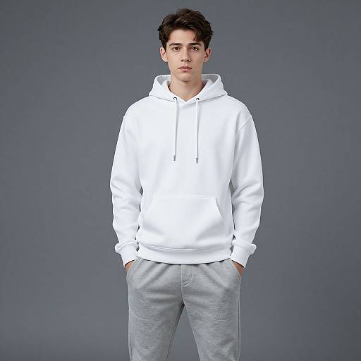 Photograph of a young man with short, dark hair, wearing a white hoodie and gray pants, standing against a plain gray background.